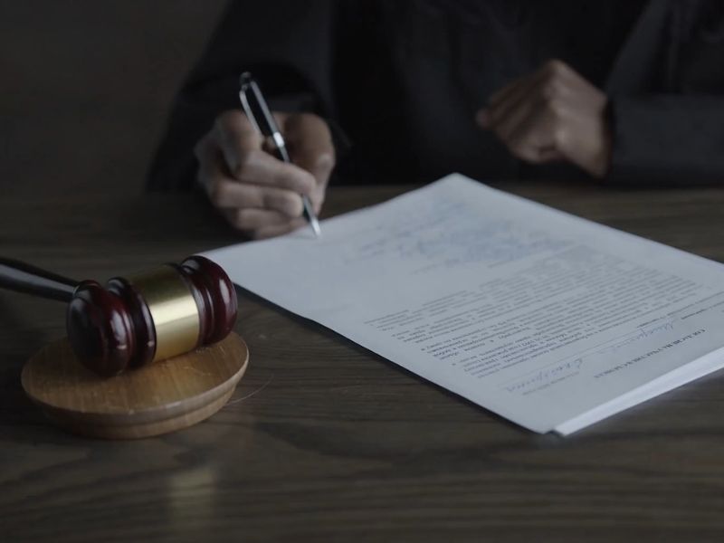 advokat sedi i popunajva papire na stolu advokatska palica